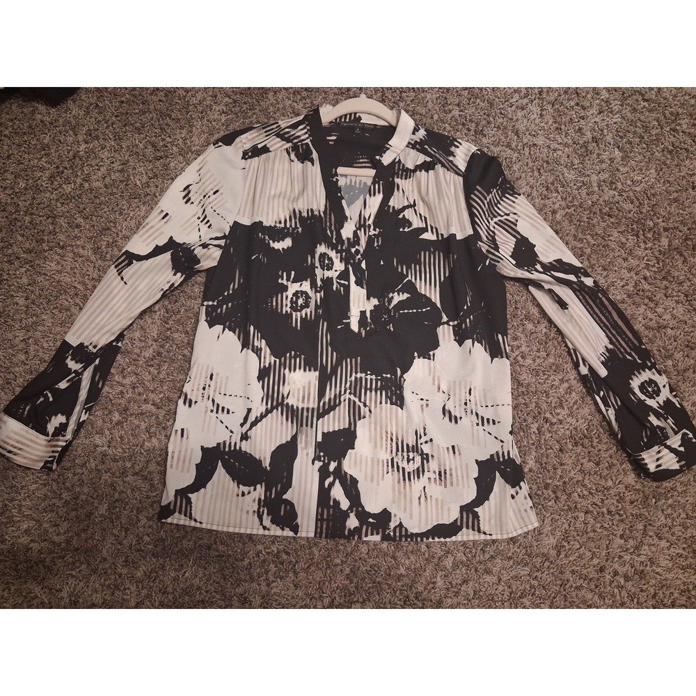 Preston & York Womens M Black White Abstract Geometric Floral Button Blouse